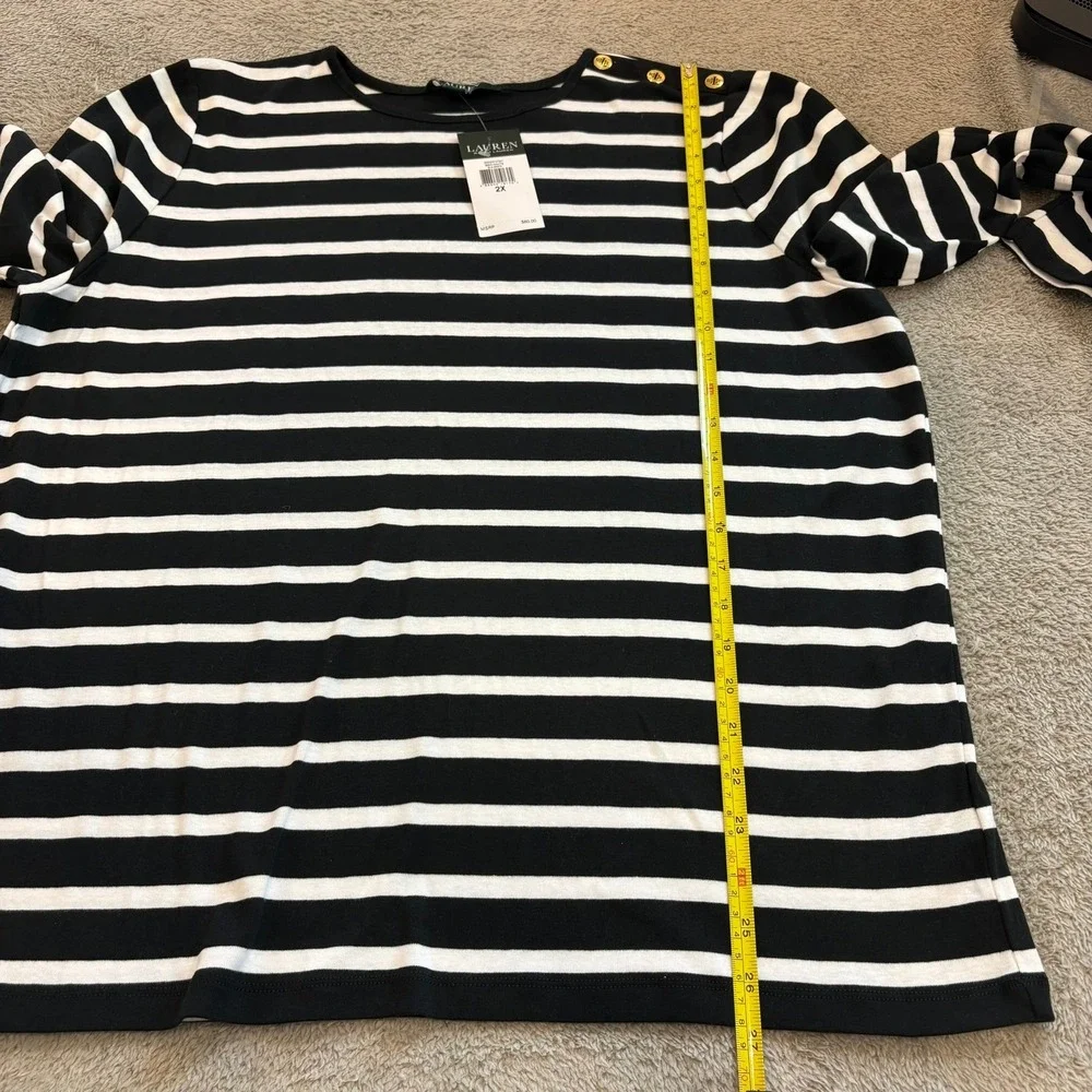 NWT Lauren Ralph Lauren Black White Striped Gold Button Shoulder Top 2X Nautical - Picture 5 of 10